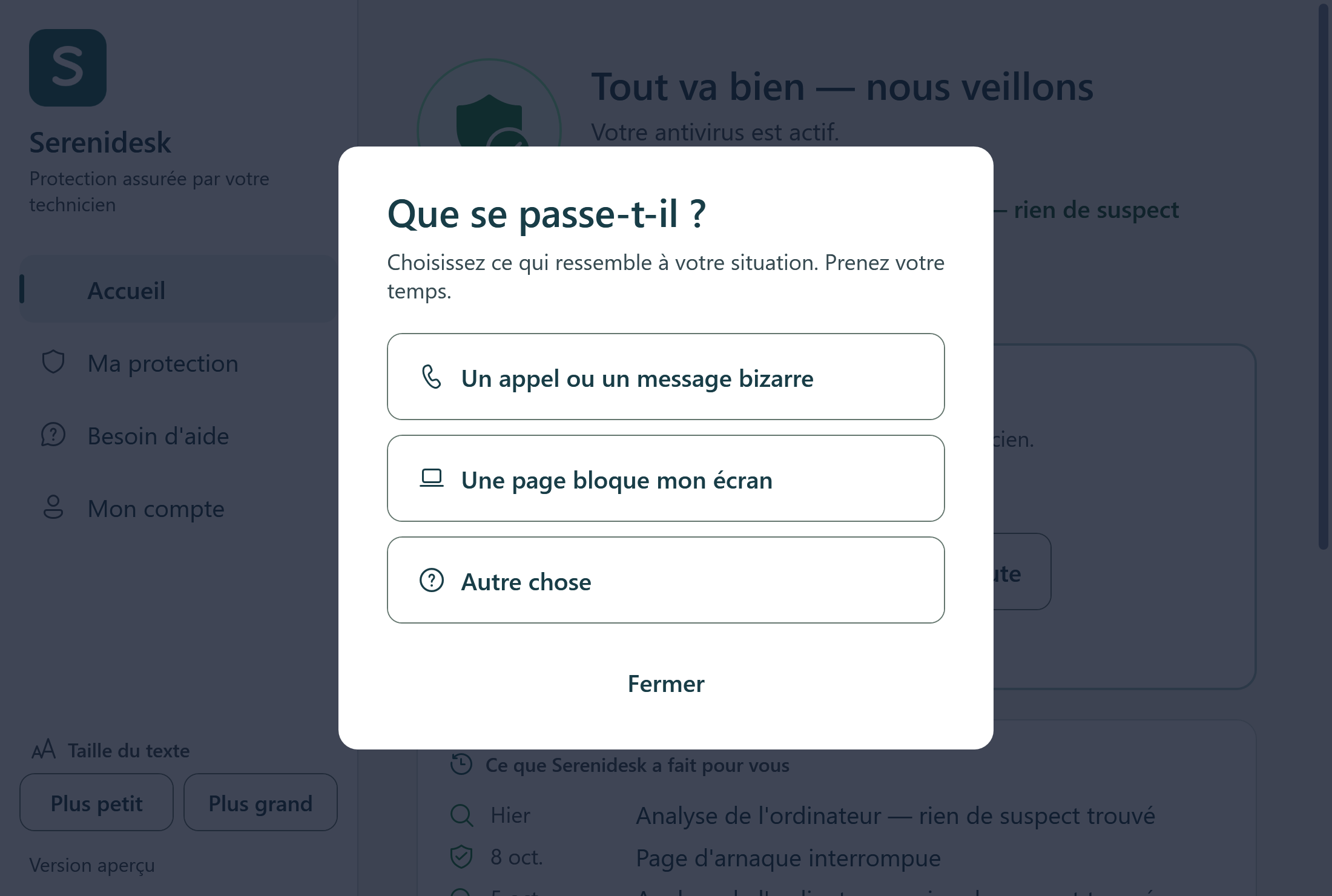 L’écran « J’ai un doute » de Serenidesk propose trois choix : un appel ou un message bizarre, une page bloque mon écran, ou autre chose.